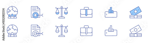 Business icon set in two styles, Duotone and Thin Line style. Editable stroke. analytics, target, money, scale, briefcase, worldwide