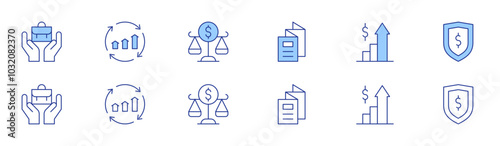 Business icon set in two styles, Duotone and Thin Line style. Editable stroke. balance scale, shield, job, brochure, continuous improvement, profits