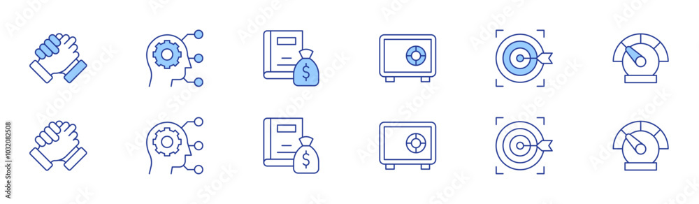 Business icon set in two styles, Duotone and Thin Line style. Editable stroke. business, speedometer, handshake, safebox, critical thinking, target