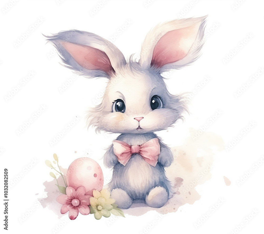 Watercolor cute Easter bunny with egg and flowers in pastel colors isolated on white background Watercolor cute Easter bunny with egg and flowers in pastel colors isolated on white background