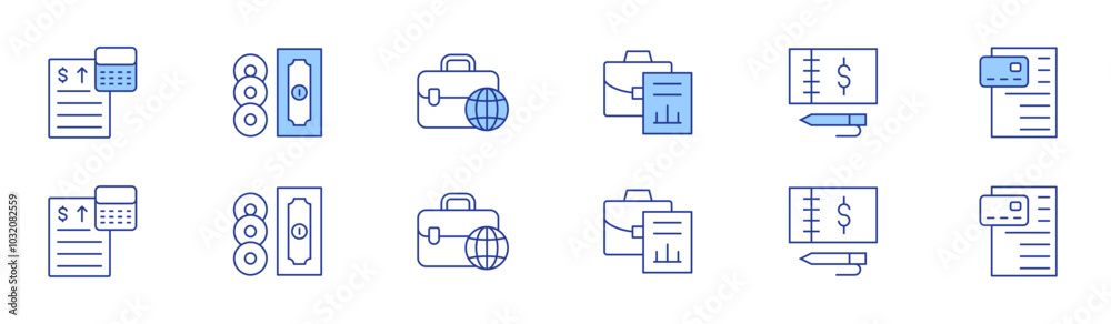 Business icon set in two styles, Duotone and Thin Line style. Editable stroke. checkbook, payment, money, international business, briefcase, accounting Business icon set in two styles, Duotone and Thin Line style. Editable stroke. checkbook, payment, money, international business, briefcase, accounting