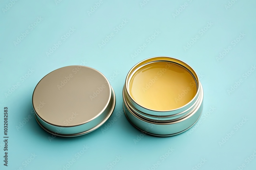 Open tin of balm on blue background. Perfect for product packaging or beauty blog. Open tin of balm on blue background. Perfect for product packaging or beauty blog.