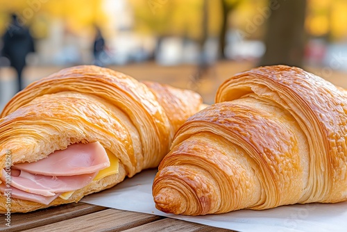 Flaky Croissant Sandwiches With Ham and Cheese, Served on a Parisian Park Bench, Food Photography, Food Menu Style Photo Image photo