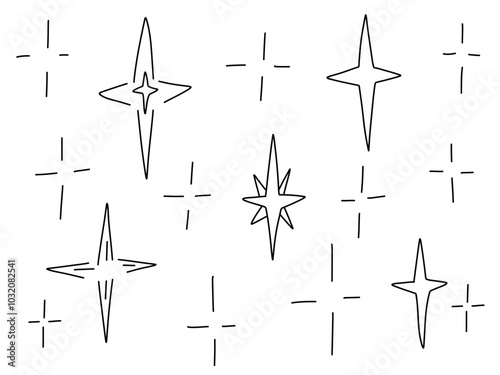 Sparkle doodle elements vector set. Hand drawn collection of different sparkles, Christmas stars. Sparkling line, doodle twinkling stars. Isolated outline illustrations on white background