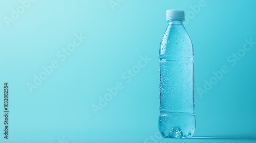 A plastic bottle of water with condensation droplets stands against a vibrant blue backdrop.