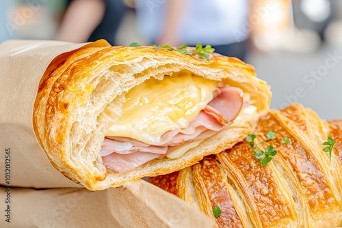 Flaky Croissant Sandwiches With Ham and Cheese, Served on a Parisian Park Bench, Food Photography, Food Menu Style Photo Image photo