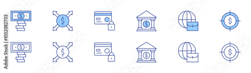 Business icon set in two styles, Duotone and Thin Line style. Editable stroke. credit card, target, money, bank, exchange, worldwide