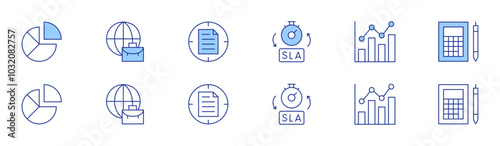 Business icon set in two styles, Duotone and Thin Line style. Editable stroke. data management, accountant, target, sla, bar chart, worldwide
