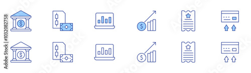 Business icon set in two styles, Duotone and Thin Line style. Editable stroke. cryptocurrency, ticket, laptop, transfer, bank, business