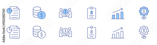 Business icon set in two styles, Duotone and Thin Line style. Editable stroke. deal, growth, money, id card, report
