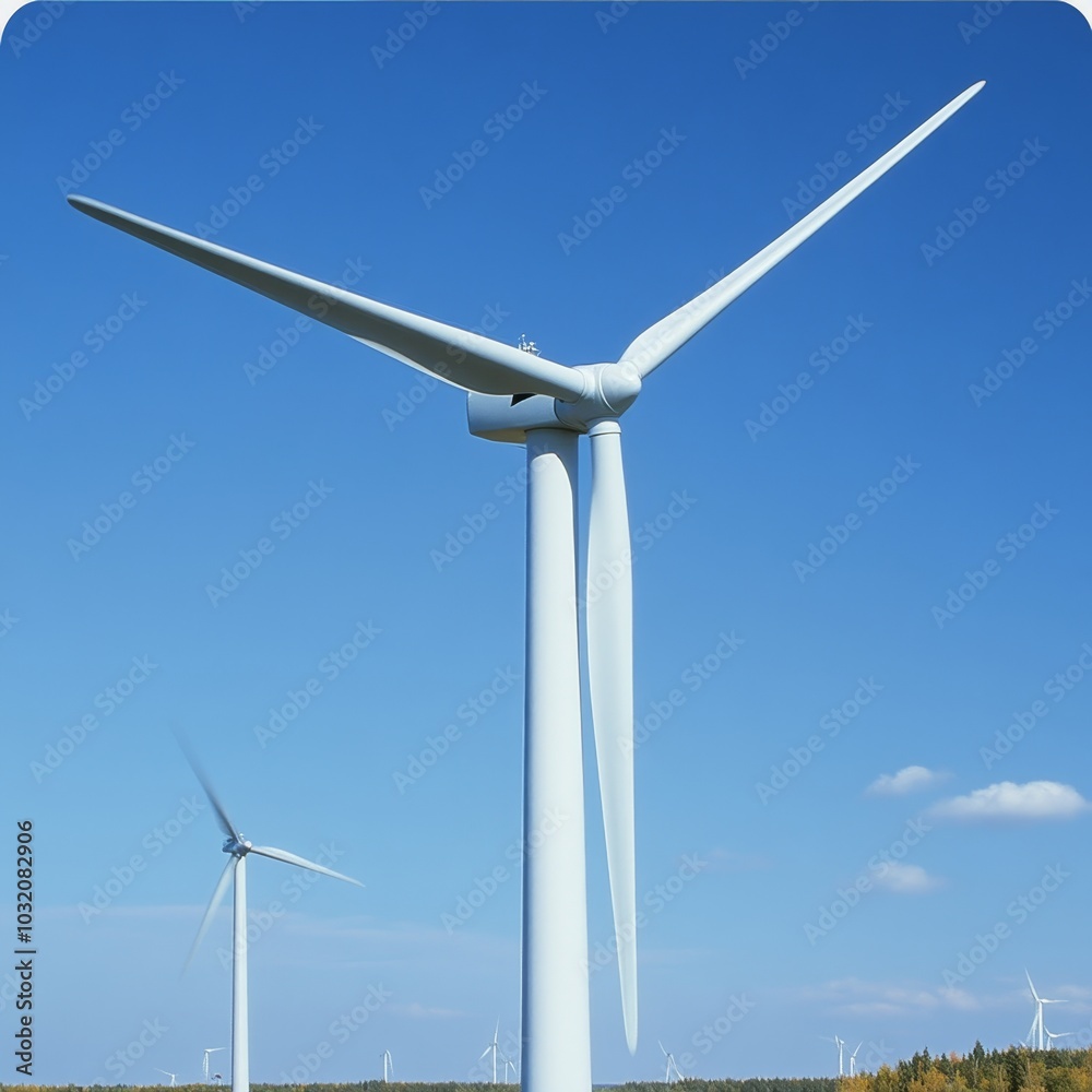 Two Wind Turbines Generating Clean Energy on a Sunny Day, Conservation and Renewable Sources Two Wind Turbines Generating Clean Energy on a Sunny Day, Conservation and Renewable Sources