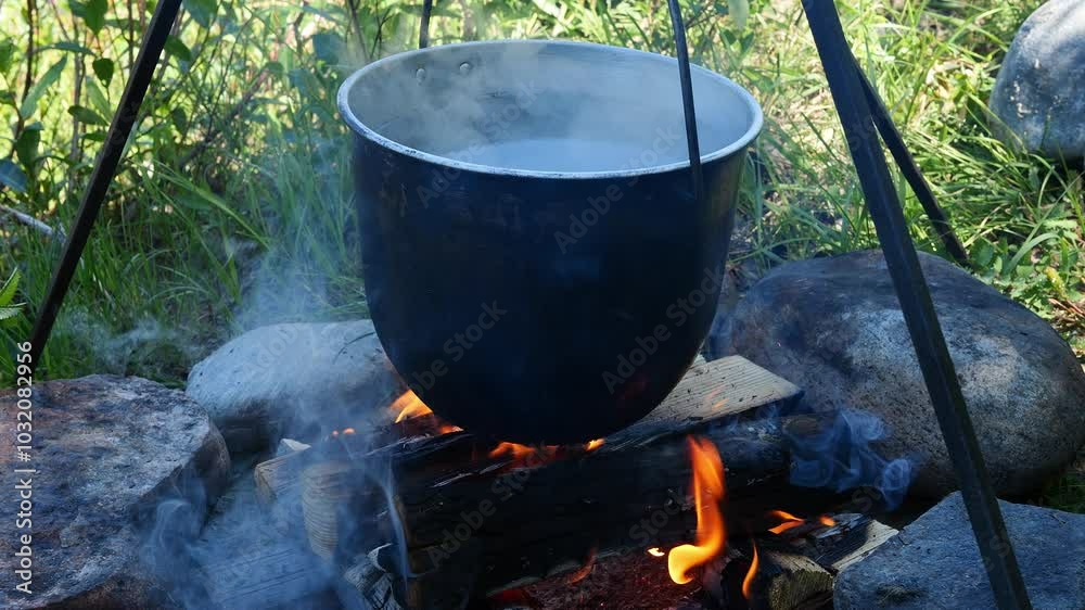 Food cooking in a pot over a campfire. Flames from the campfire create a cozy atmosphere, enhancing outdoor vibes. Ideal for themes like camping, survival, or traditional meals by a campfire. Food cooking in a pot over a campfire. Flames from the campfire create a cozy atmosphere, enhancing outdoor vibes. Ideal for themes like camping, survival, or traditional meals by a campfire.