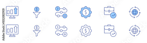 Business icon set in two styles, Duotone and Thin Line style. Editable stroke. gear, increase, business, dollar, product, process