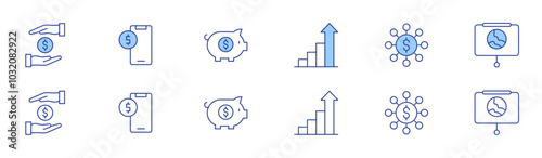 Business icon set in two styles, Duotone and Thin Line style. Editable stroke. give, increase, mobile, marketing, presentation, piggy bank