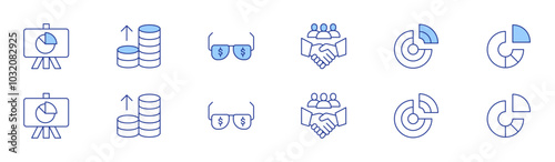 Business icon set in two styles, Duotone and Thin Line style. Editable stroke. glasses, pie chart, profit, handshake, results