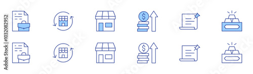 Business icon set in two styles, Duotone and Thin Line style. Editable stroke. gold ingots, bill, business, notes, profit