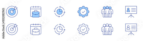 Business icon set in two styles, Duotone and Thin Line style. Editable stroke. goal, gear, briefcase, staff, presentation, pie chart