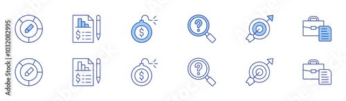 Business icon set in two styles, Duotone and Thin Line style. Editable stroke. goal, income, briefcase, debt, problem solving, pie chart