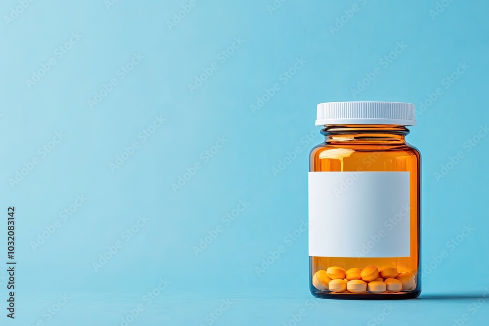 Amber pill bottle with blank label. This image is ideal for branding and marketing of supplements, vitamins, or medications. Amber pill bottle with blank label. This image is ideal for branding and marketing of supplements, vitamins, or medications.