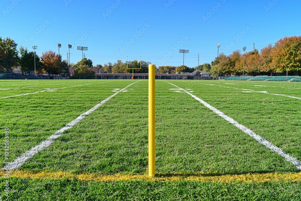 Obraz premium Green Grass Football Field with White Lines and Goalpost