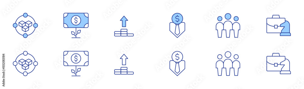 Business icon set in two styles, Duotone and Thin Line style. Editable stroke. money, team leader, interest rate, briefcase, blockchain, business man