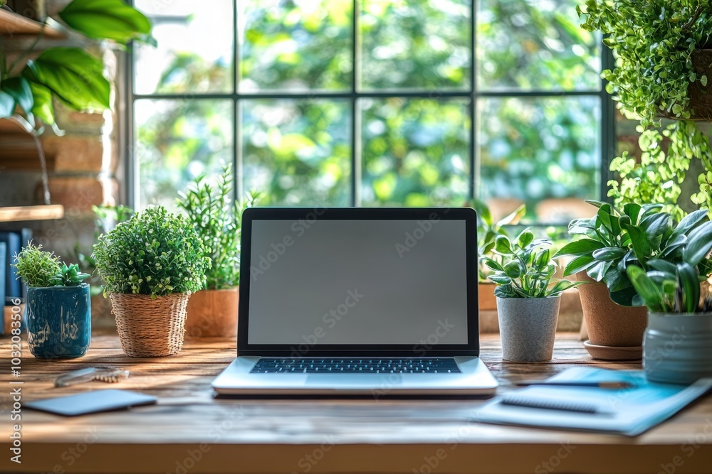 Open laptop on a wooden desk with potted plants and a window view. Open laptop on a wooden desk with potted plants and a window view.