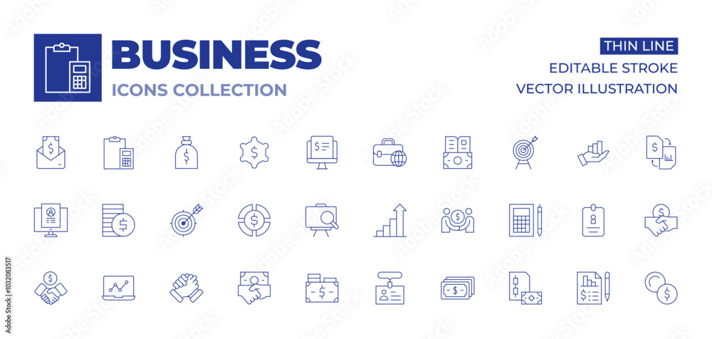 Business icons collection. Thin Line icons, editable stroke. analysis, accountant, money, cryptocurrency, deal, cv, cash, objective, increase, id card, handshake, growth