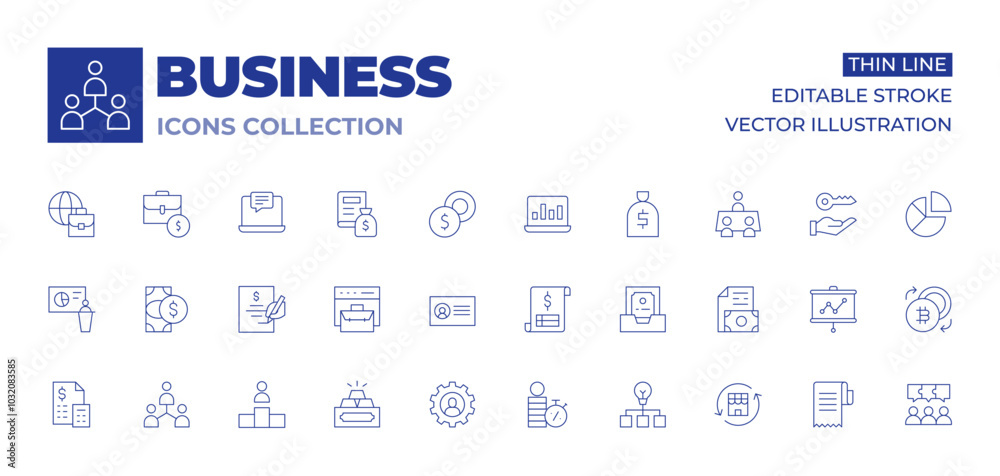 Business icons collection. Thin Line icons, editable stroke. cash, business meeting, business card, business, document, money bag, global, loan, laptop, invoice Business icons collection. Thin Line icons, editable stroke. cash, business meeting, business card, business, document, money bag, global, loan, laptop, invoice