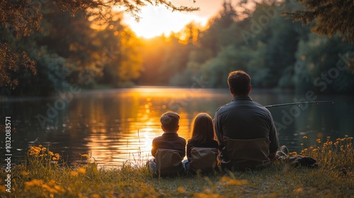 A father and his two children sit by a lake at sunset, enjoying a peaceful evening together.