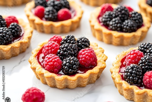 A close-up of berry tarts topped with raspberries and blackberries on a marble surface.