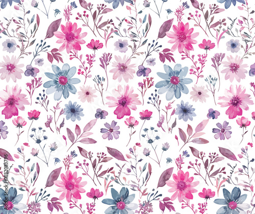 A seamless floral watercolor pattern, featuring pink flowers with subtle white and blue and purple accents on a light background. Perfect for fabric, wallpaper and stationery designs