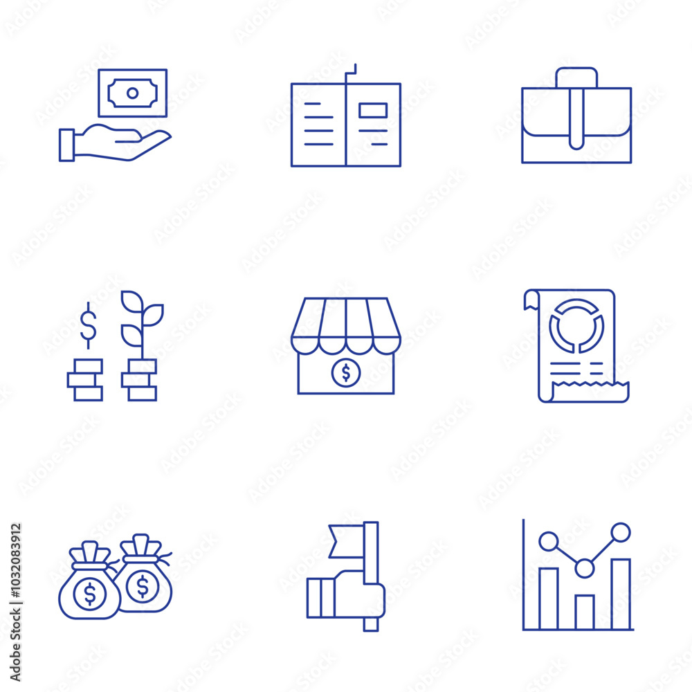 Business icons set. Thin Line style, editable stroke. briefcase, bill, bar chart, success, profit, open sign, open book, my business, money bag Business icons set. Thin Line style, editable stroke. briefcase, bill, bar chart, success, profit, open sign, open book, my business, money bag