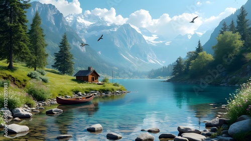 A peaceful river landscape with crystalclear water reflecting the blue sky and white fluffy cloud