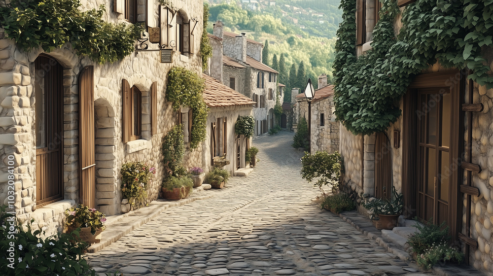 A picturesque European village with stone houses and narrow cobblestone streets. A picturesque European village with stone houses and narrow cobblestone streets.