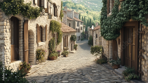 A picturesque European village with stone houses and narrow cobblestone streets.