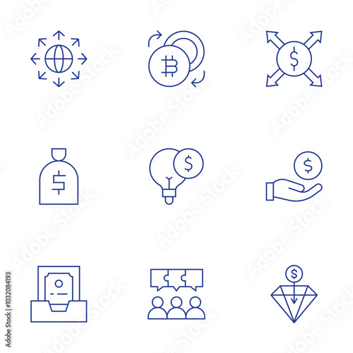 Business icons set. Thin Line style, editable stroke. expansion, exchange, econometrics, earnings, document, discussion, diamond, money bag