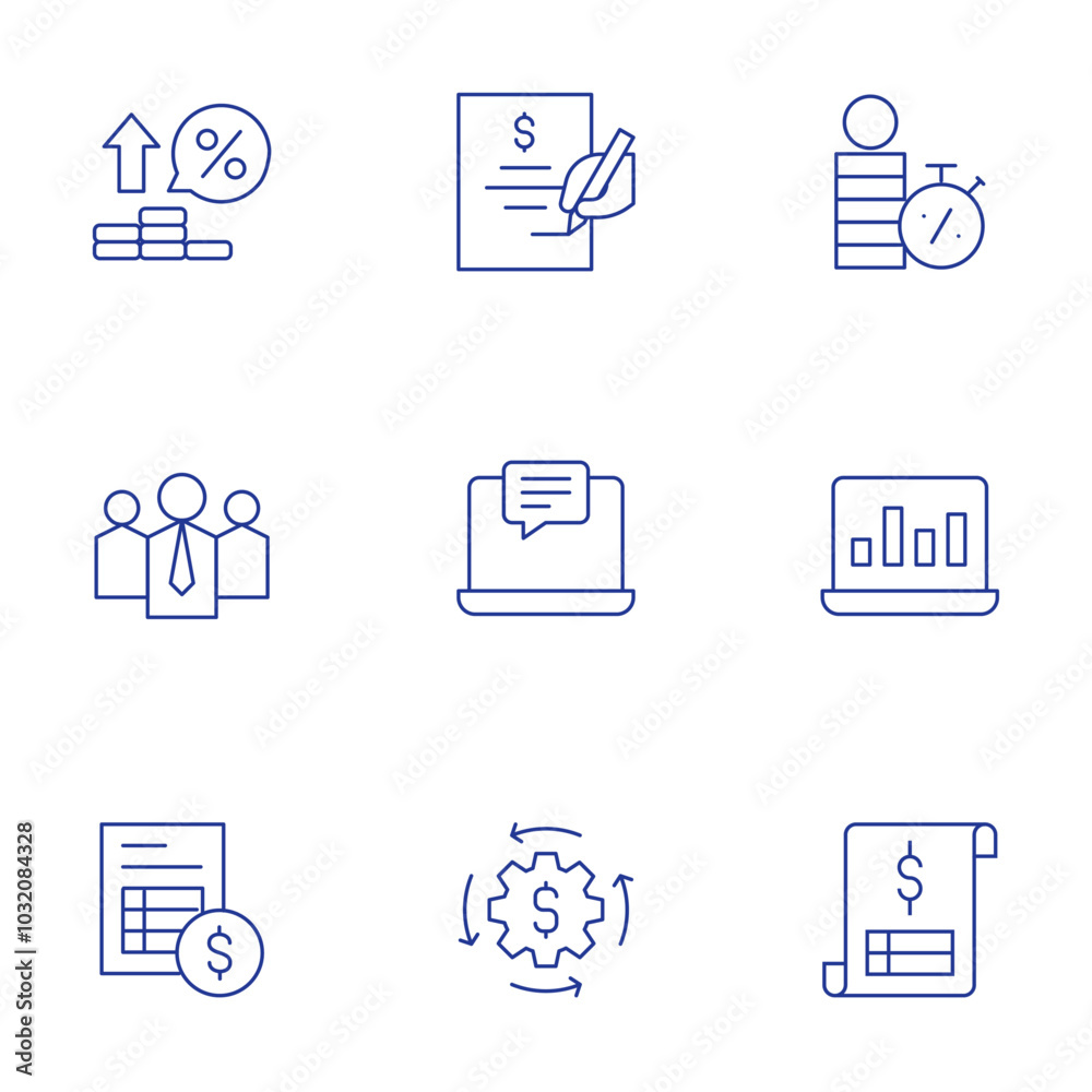 Business icons set. Thin Line style, editable stroke. loan, leader, laptop, invoice, interest rate, finance Business icons set. Thin Line style, editable stroke. loan, leader, laptop, invoice, interest rate, finance