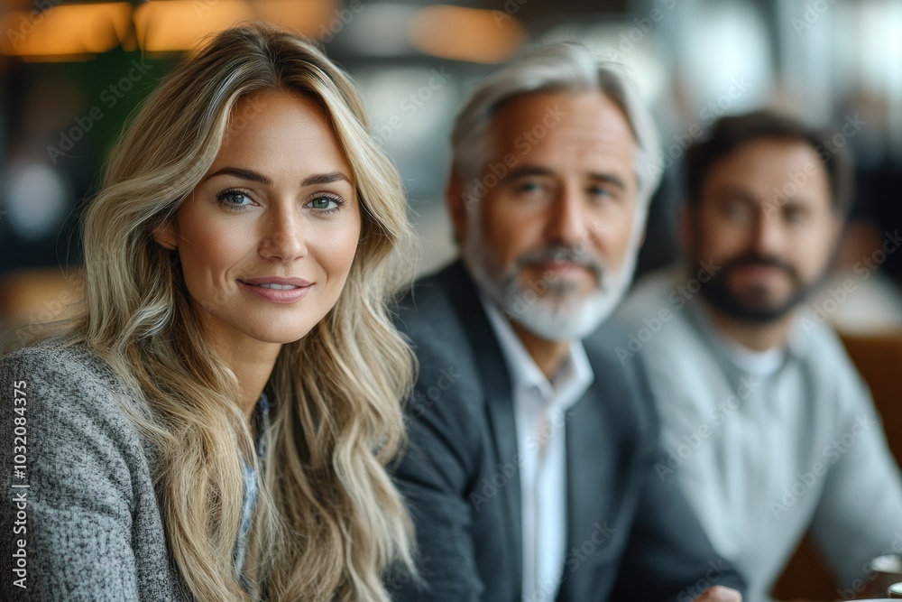 A group of three diverse business professionals, a woman and two men, smile and look at the camera while sitting together at a cafe. A group of three diverse business professionals, a woman and two men, smile and look at the camera while sitting together at a cafe.