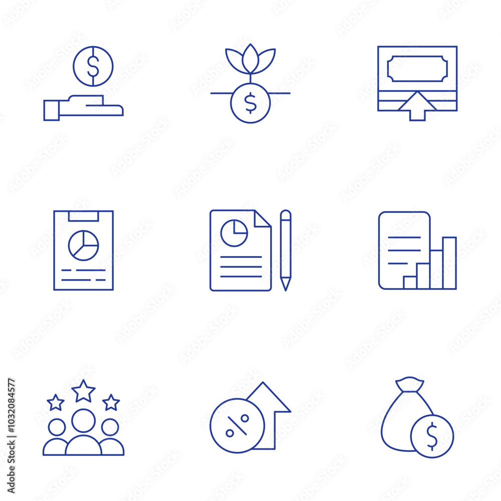 Business icons set. Thin Line style, editable stroke. revenue, return, report, rating, rate, money bag Business icons set. Thin Line style, editable stroke. revenue, return, report, rating, rate, money bag