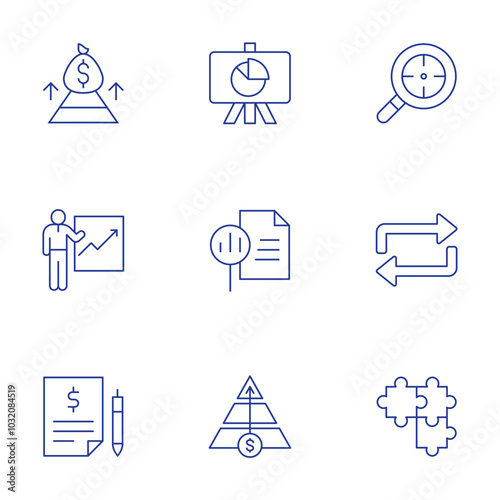 Business icons set. Thin Line style, editable stroke. results, research, report, repeat, quote request, pyramid, puzzle, money bag