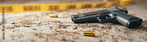 Handgun lying on a surface with shell casings and crime scene tape, symbolizing safety concerns.