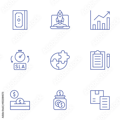 Business icons set. Thin Line style, editable stroke. startup, sla, skill development, savings, money, revenue, report, receipt