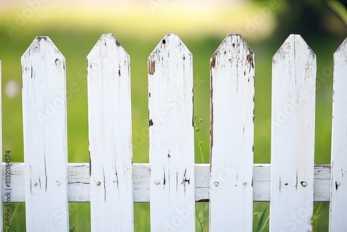 White picket fence with green grass. This image is great for showcasing a rustic, vintage or homey feel. photo