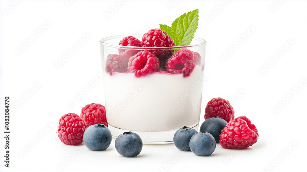 Creamy yogurt topped with fresh raspberries and blueberries, garnished with mint leaf, creates vibrant and healthy dessert option. Creamy yogurt topped with fresh raspberries and blueberries, garnished with mint leaf, creates vibrant and healthy dessert option.