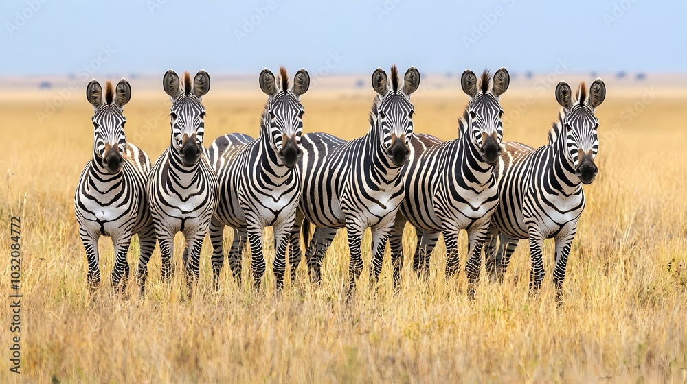 Obraz premium A Herd of Zebras Standing Together on the Arid African Plains with Dry Golden Grasses