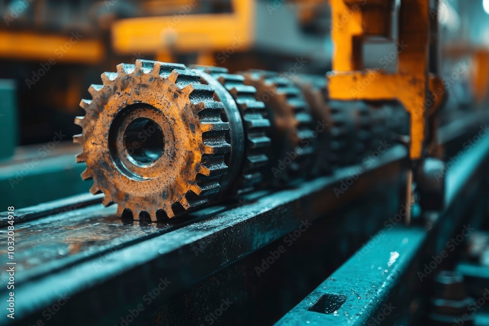 Closeup of Industrial Gear System in a Factory Setting Closeup of Industrial Gear System in a Factory Setting
