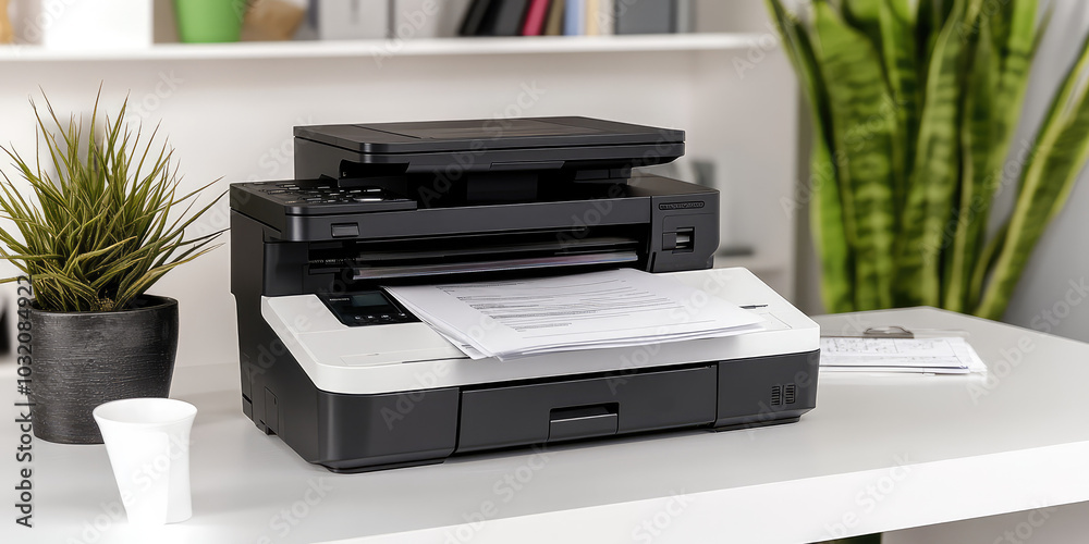 Closeup Electronic office printer in office, digital technology device for printing, copying and scanning fax document Closeup Electronic office printer in office, digital technology device for printing, copying and scanning fax document