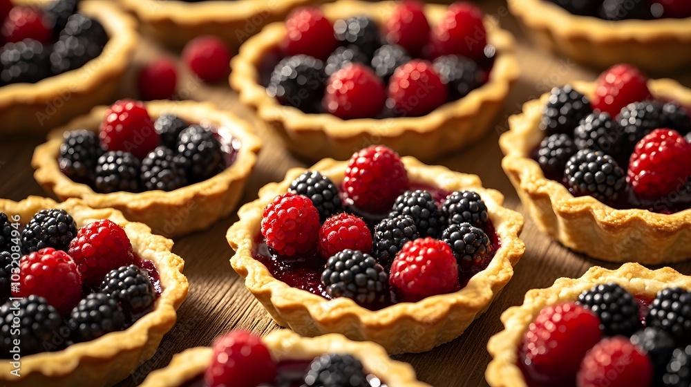 A close-up of delicious berry tarts filled with raspberries and blackberries. A close-up of delicious berry tarts filled with raspberries and blackberries.