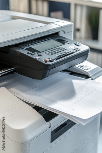 Closeup Electronic office printer in office, digital technology device for printing, copying and scanning fax document