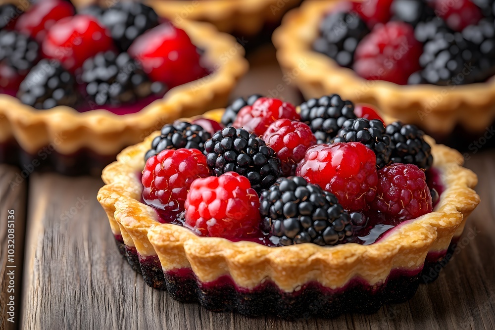 A close-up of delicious fruit tarts topped with raspberries and blackberries. A close-up of delicious fruit tarts topped with raspberries and blackberries.